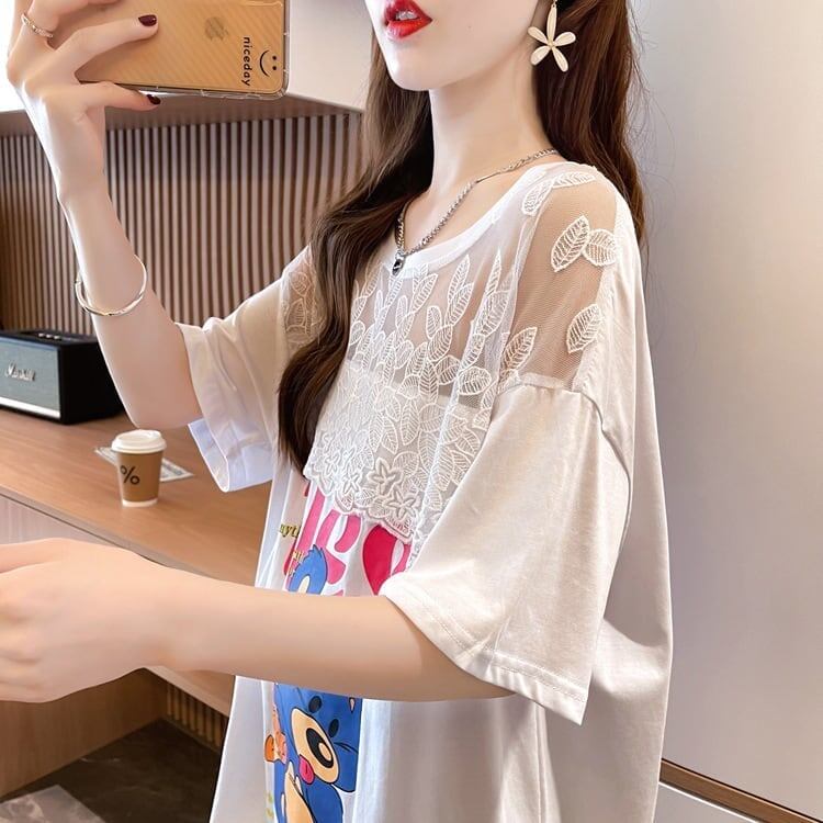 ファッションデザインレースミドル丈半袖Tシャツ<S-3017>