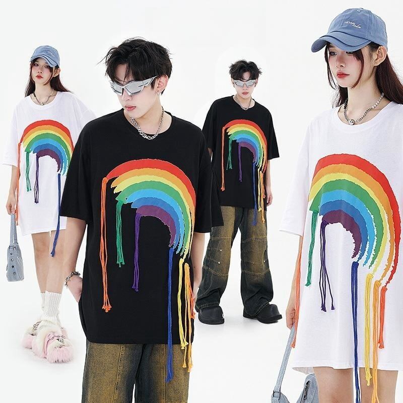 好感度UP 虹ロゴ タッセル ゆったり Tシャツ 全2色 ユニセックス半袖<S-4863>