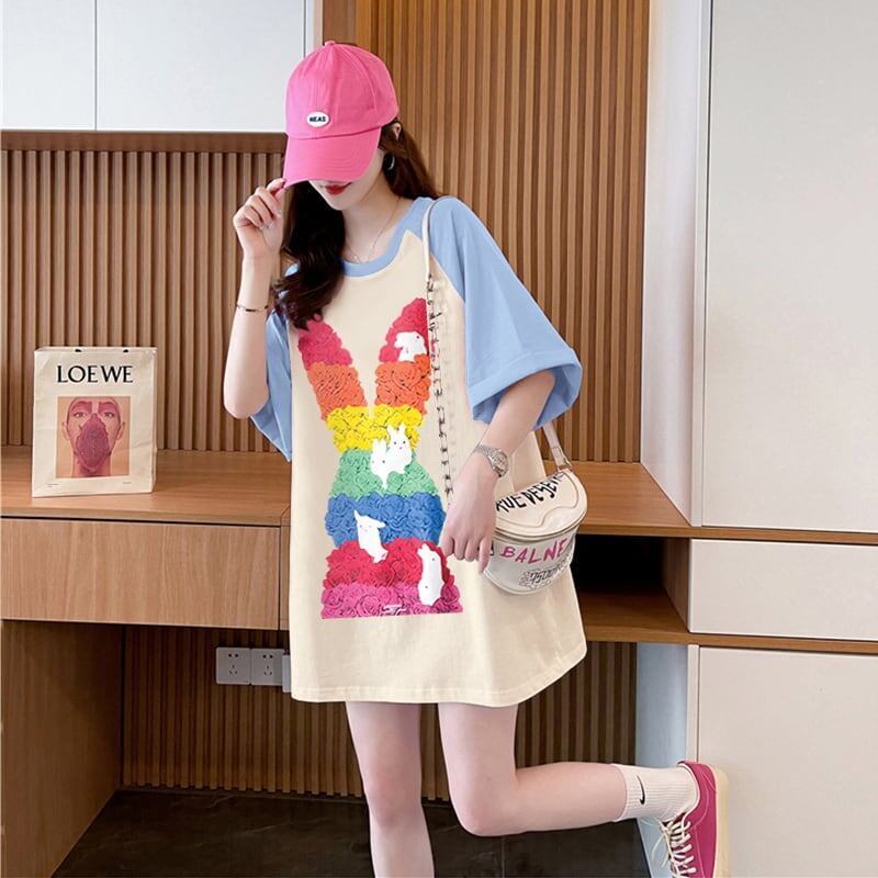 美人度アップ Tシャツ 可愛いウサギ 丸襟 半袖＜S-2824＞