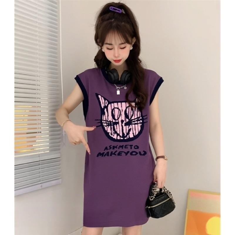 好感度100％ プリント 可愛い猫柄 ロング Tシャツ ゆったり半袖 ＜S-2867＞