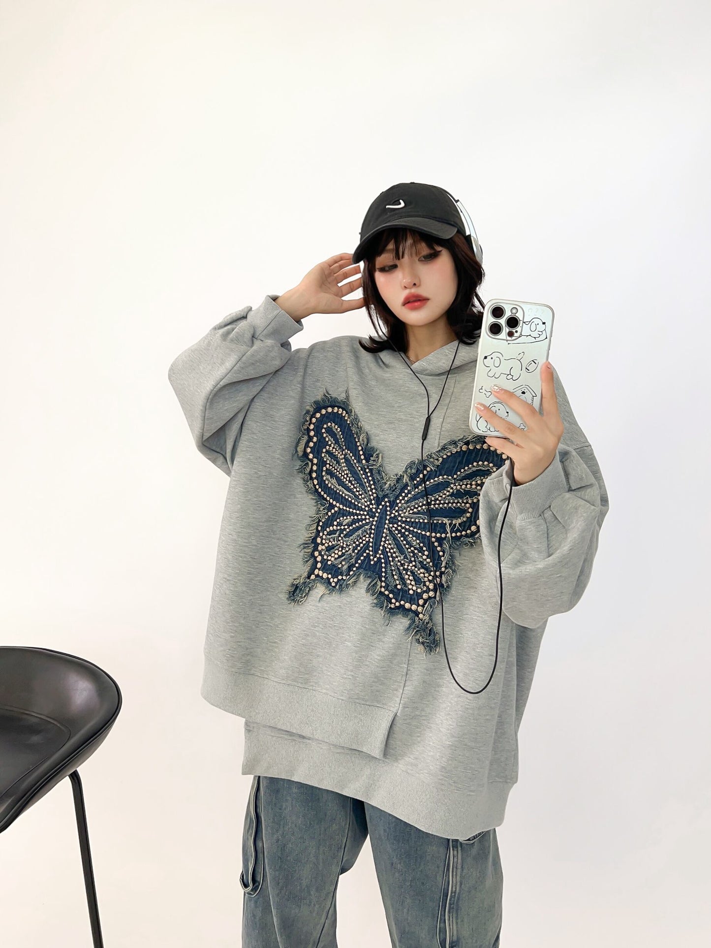 都市ファッショ デザイン オシャレ おしゃれ度高め 刺繍 ホットダイヤモンド カジュアル 3色選択 パーカー<S-9290>