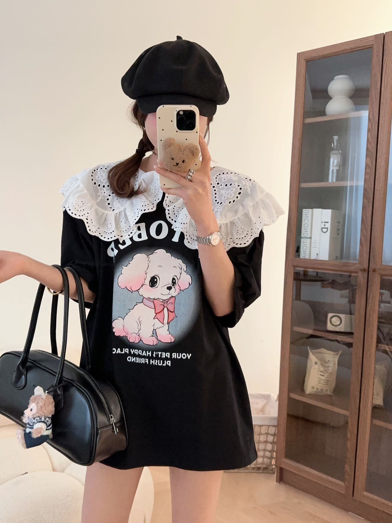 スウィート ワンちゃんロゴ 韓国系 ゆったりTシャツ半袖<S-4882>