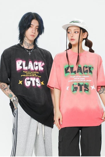 見逃し厳禁 ファッション ストリート系 ヴィンテージ加工 アルファベット プリントTシャツ ＜S-2921＞