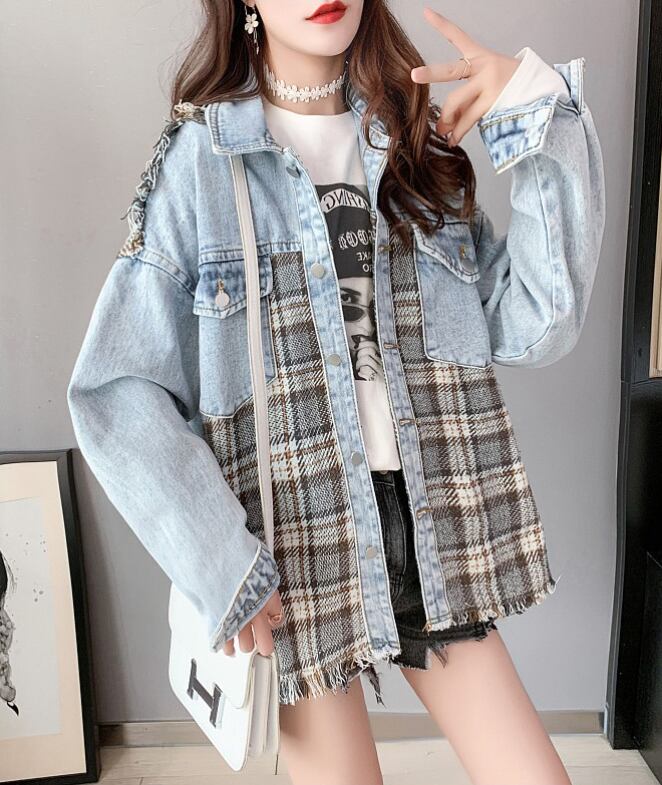絶対流行 ファッション 活躍する優秀アイテム チェック柄 切り替え デニム Tシャツ ＜S-9264＞