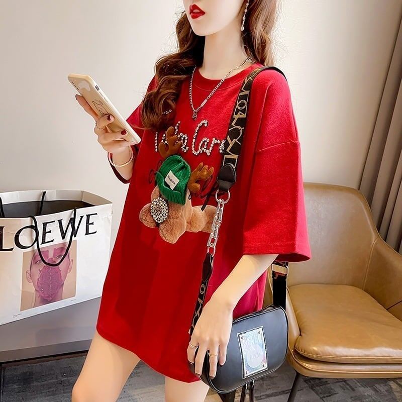 大活躍 ロング ビジューロゴ Tシャツ ゆったり 半袖 三色＜S-2922＞