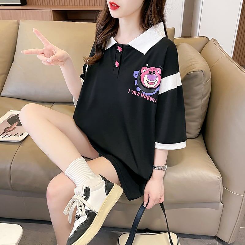 POLOネック 切り替え 熊柄 ロング プリント Tシャツ 二色 ゆったりワンピース ＜S-3020＞