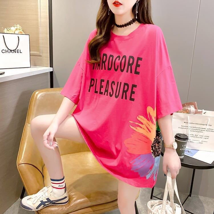 おすすめ アルファベット 花柄 Tシャツ 三色 ゆったり ロング 半袖 ＜S-2946＞
