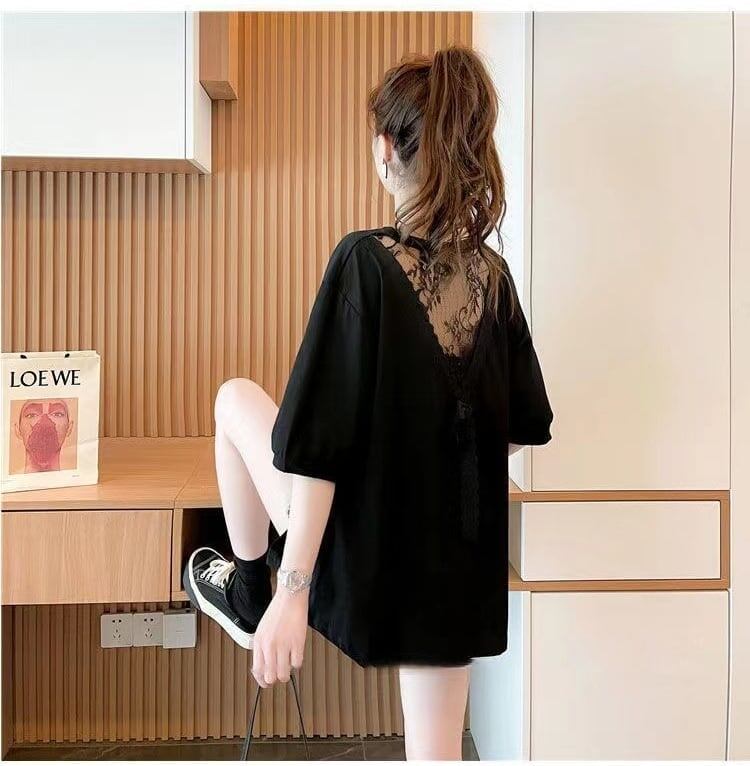 新作 リボン レース プリントTシャツ 白黒 ＜S-2844＞