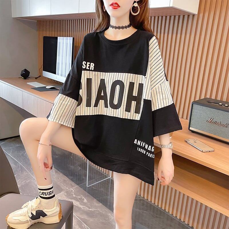 大好評 切り替え ストライプ柄 プリント ロング Tシャツ 三色 ゆったりワンピース ＜S-4012＞