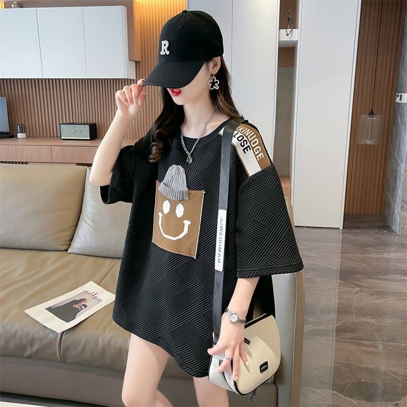 エレガントな立体ジャガードルーズウールパッチステッチ半袖Tシャツ<S-2901>