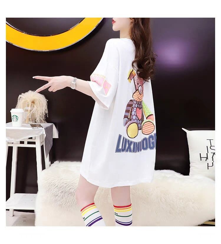 質感のいい アルファベット 熊柄 ドロップショルダー オーバーサイズ Tシャツ ＜S-2878＞