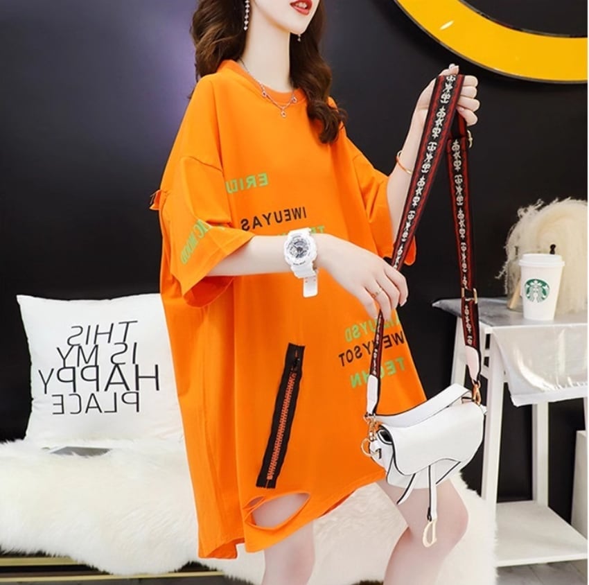 超人気 ダメージ加工 ゆったりロング丈 三色半袖Tシャツ＜S-8107＞