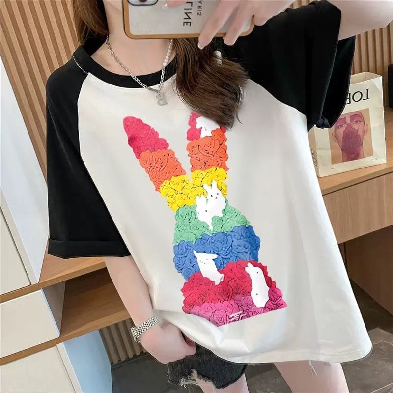 美人度アップ Tシャツ 可愛いウサギ 丸襟 半袖＜S-2824＞