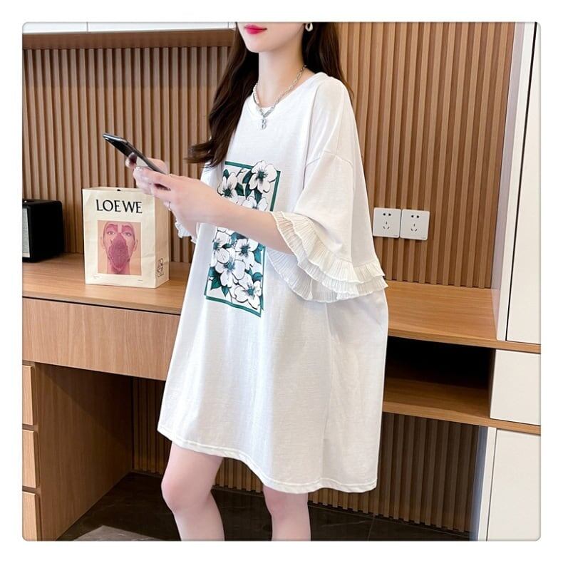 優しい雰囲気 プリント フリル切り替え ロングTシャツ ゆったり半袖＜S-2891＞