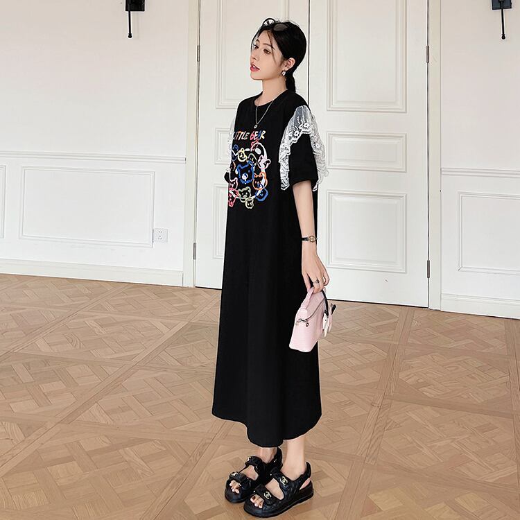 おすすめ レース ファッション 切り替え プリント Tシャツ カットソー ワンピース＜S-8535＞