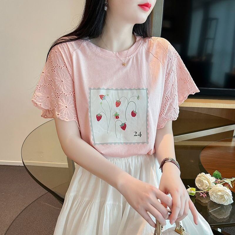 大好評 レース 上質 刺繍 切り替え 全2色 半袖Tシャツ＜S-8869＞