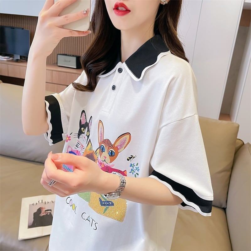 デザインセンスゆったりプリントトップラペルTシャツポロシャツ<S-2898>