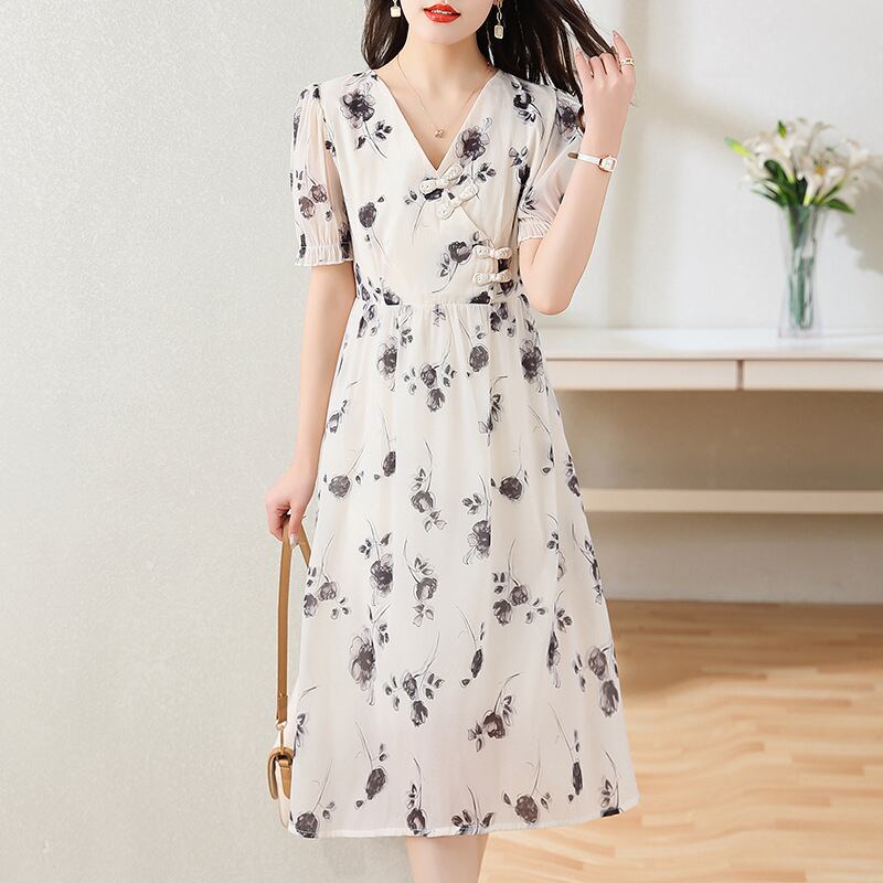 今季マストバイ シフォン ファッション 花柄 半袖ワンピース<S-8452>