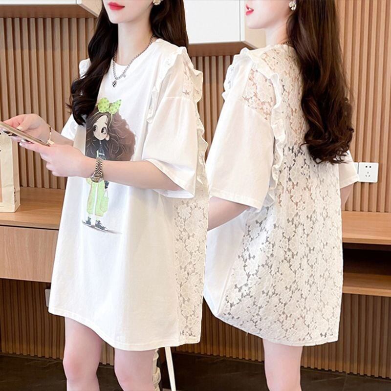 【半額！期間限定！！】着回し力抜群 切り替え プリント レース 切り替え ゆったり半袖 Tシャツ ＜S-8527＞