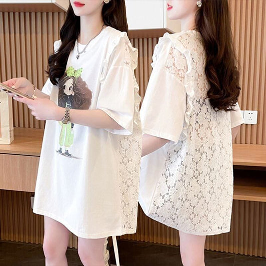 【半額！期間限定！！】着回し力抜群 切り替え プリント レース 切り替え ゆったり半袖 Tシャツ ＜S-8527＞