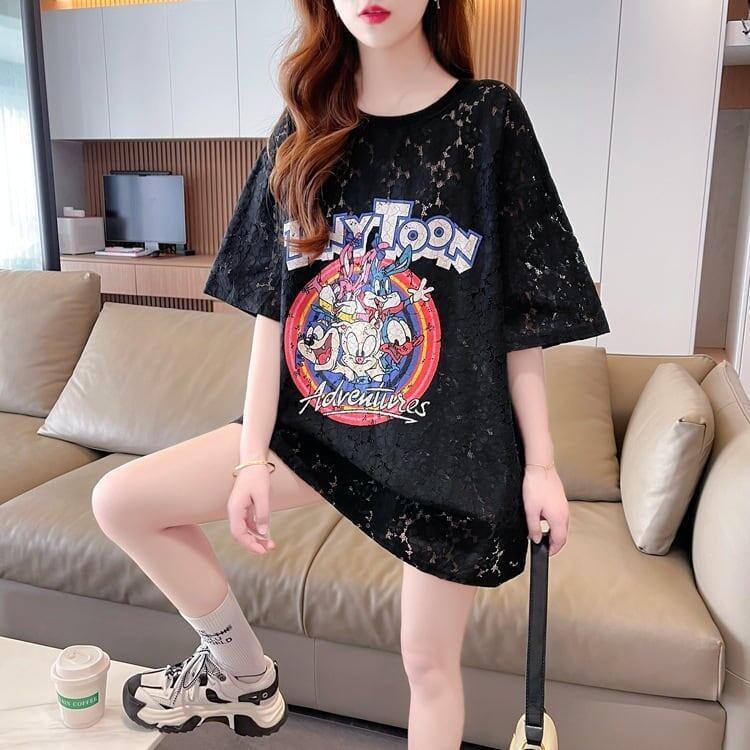 ハイエンドデザインセンスレース中空ルーズミドル丈半袖Tシャツ<S-3035>