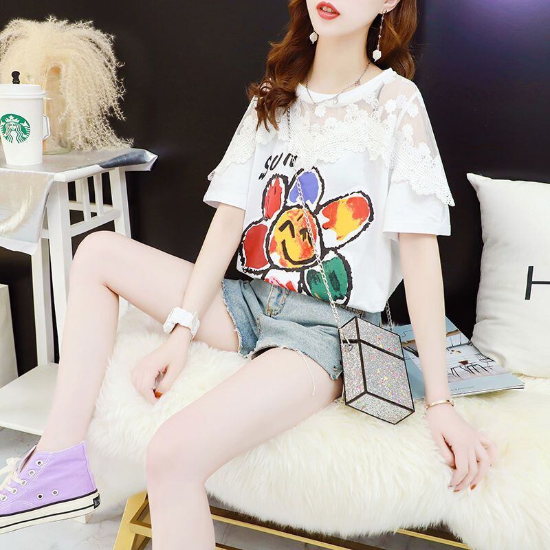 大人可愛い 切り替え レース 透かし彫り プリント全2色 半袖Tシャツ カットソー ＜S-8560＞
