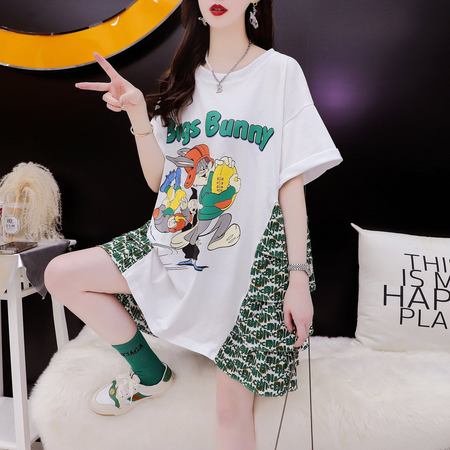 デザイン感 プリント チャーミング Tシャツ カットソー ワンピース＜S-3508＞