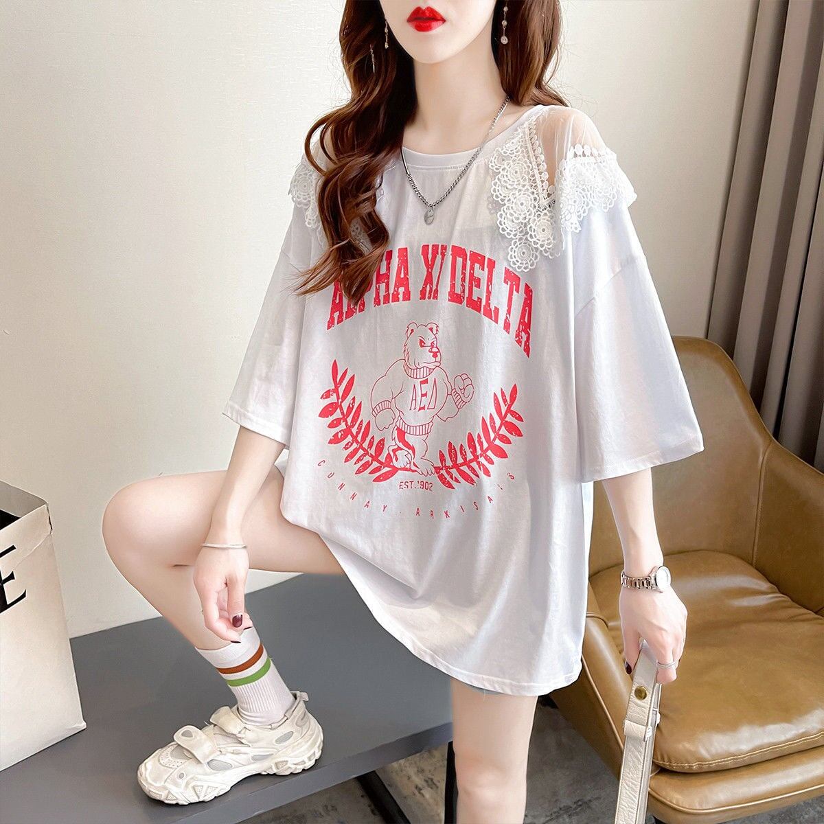 数量限定 ラウンドネック アバンギャルド レース 切り替え プリント全2色 半袖Tシャツ<S-8724>