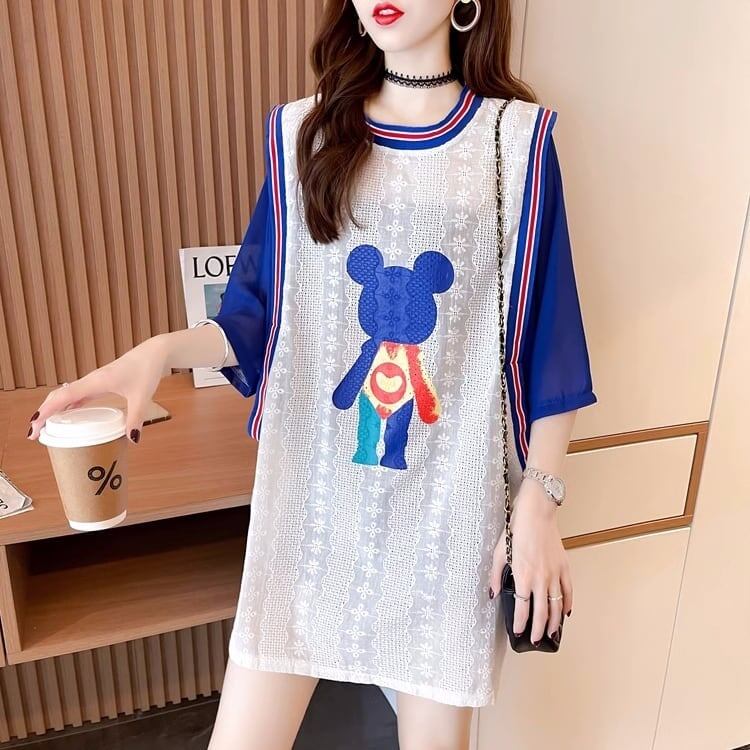 夏新作 レース ベアー カラーマッチング ロングTシャツ ゆったり5分袖 ＜S-2942＞