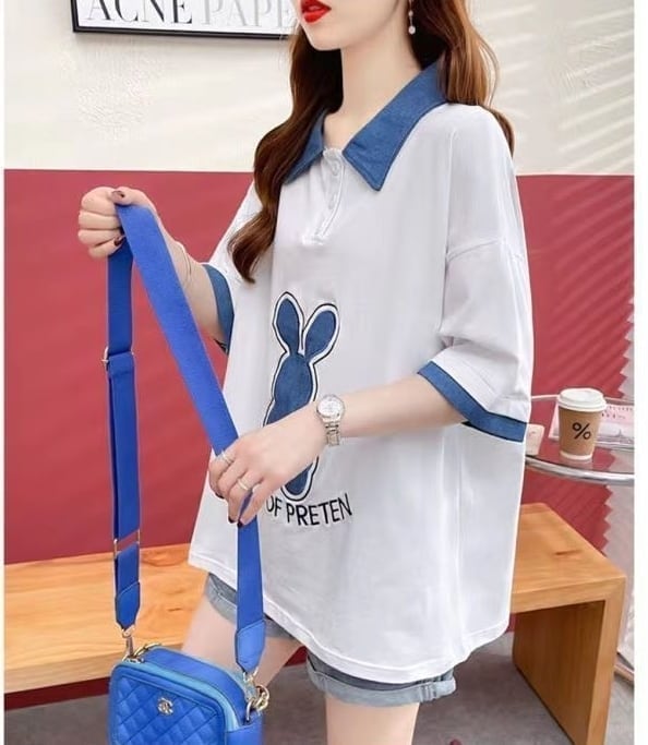 韓国系 ウサギちゃん POLOネック プリントTシャツ 三色 ゆったり半袖 ＜S-3056＞