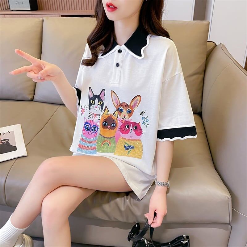 デザインセンスゆったりプリントトップラペルTシャツポロシャツ<S-2898>
