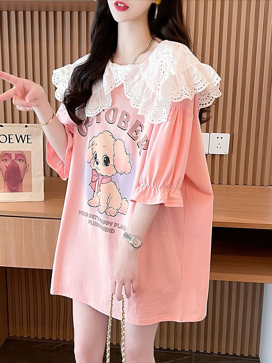 絶対流行 切り替え キュートプリント ゆったり 5分袖 Tシャツ＜S-8474＞