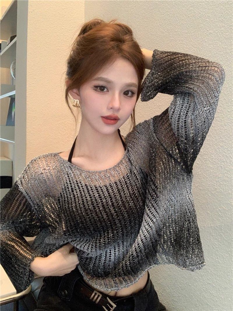 韓国風ファッション 透かし彫り 柔らかくて優しい印象 ニットトップス<S-9153>