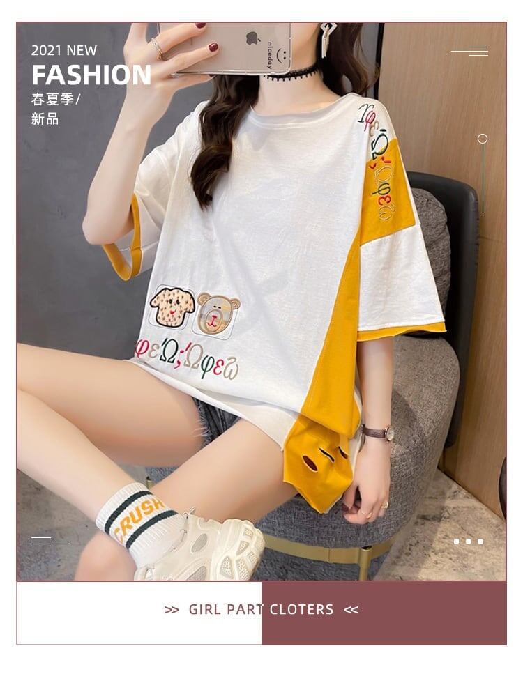 韓国風漫画刺繍ワッペン半袖Tシャツ<S-2991>