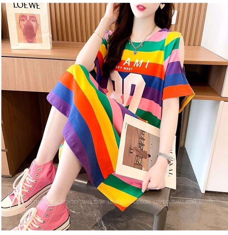 人気爆発中 ストライプ柄Tシャツ オープンショルダー ＜S-2842＞