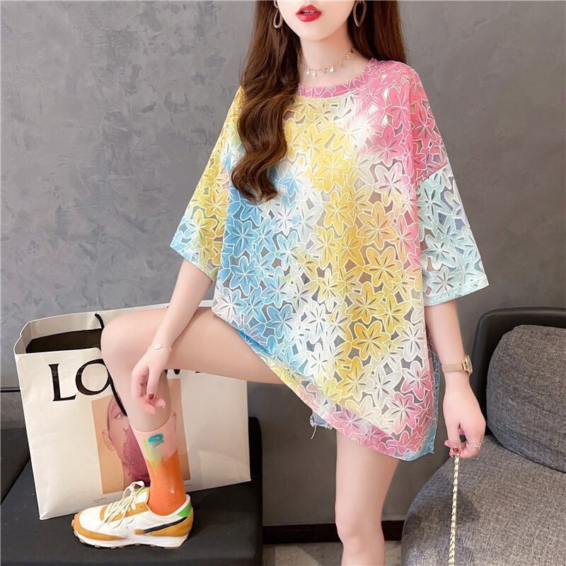 オシャレ度満点 ラウンドネック スタイリッシュ 透かし彫り Tシャツ カットソー＜S-2957＞