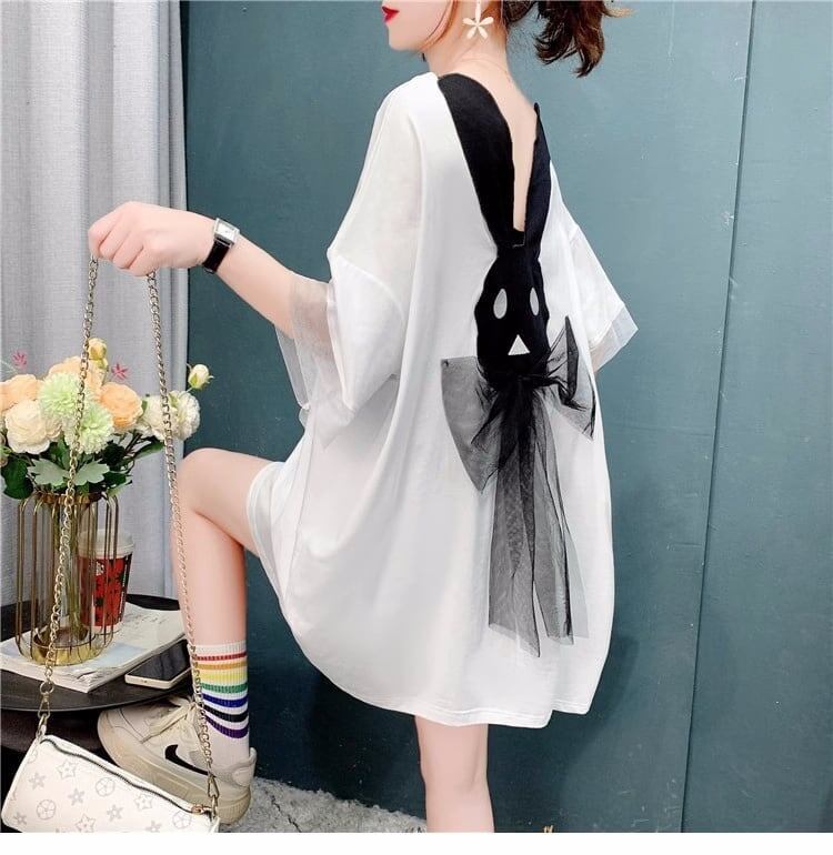 優しい雰囲気 立体のリボン バックオープン プリント ロングTシャツ ゆったり半袖＜S-2939＞