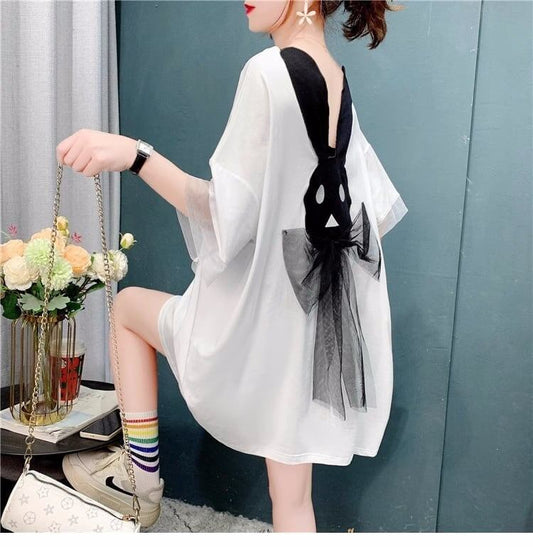 優しい雰囲気 立体のリボン バックオープン プリント ロングTシャツ ゆったり半袖＜S-2939＞