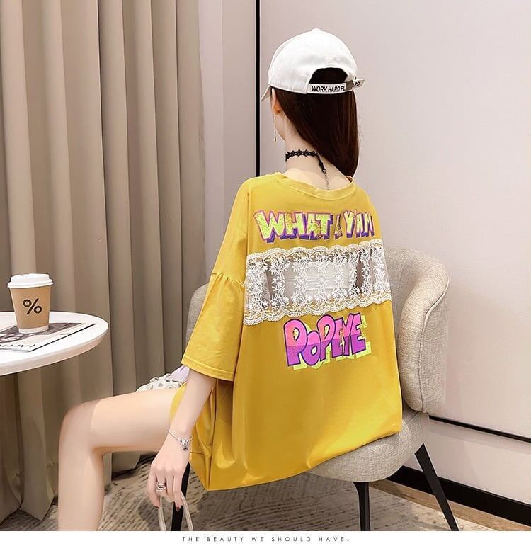 【半額！期間限定！！】グラフィック レース 透かし彫り ロング Tシャツ ゆったりワンピース ＜S-4021＞