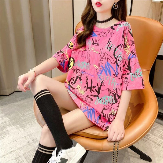 都市ファッショ デザイン オシャレ 個性派 プリント 2色選択 半袖 Tシャツ <S-9082>