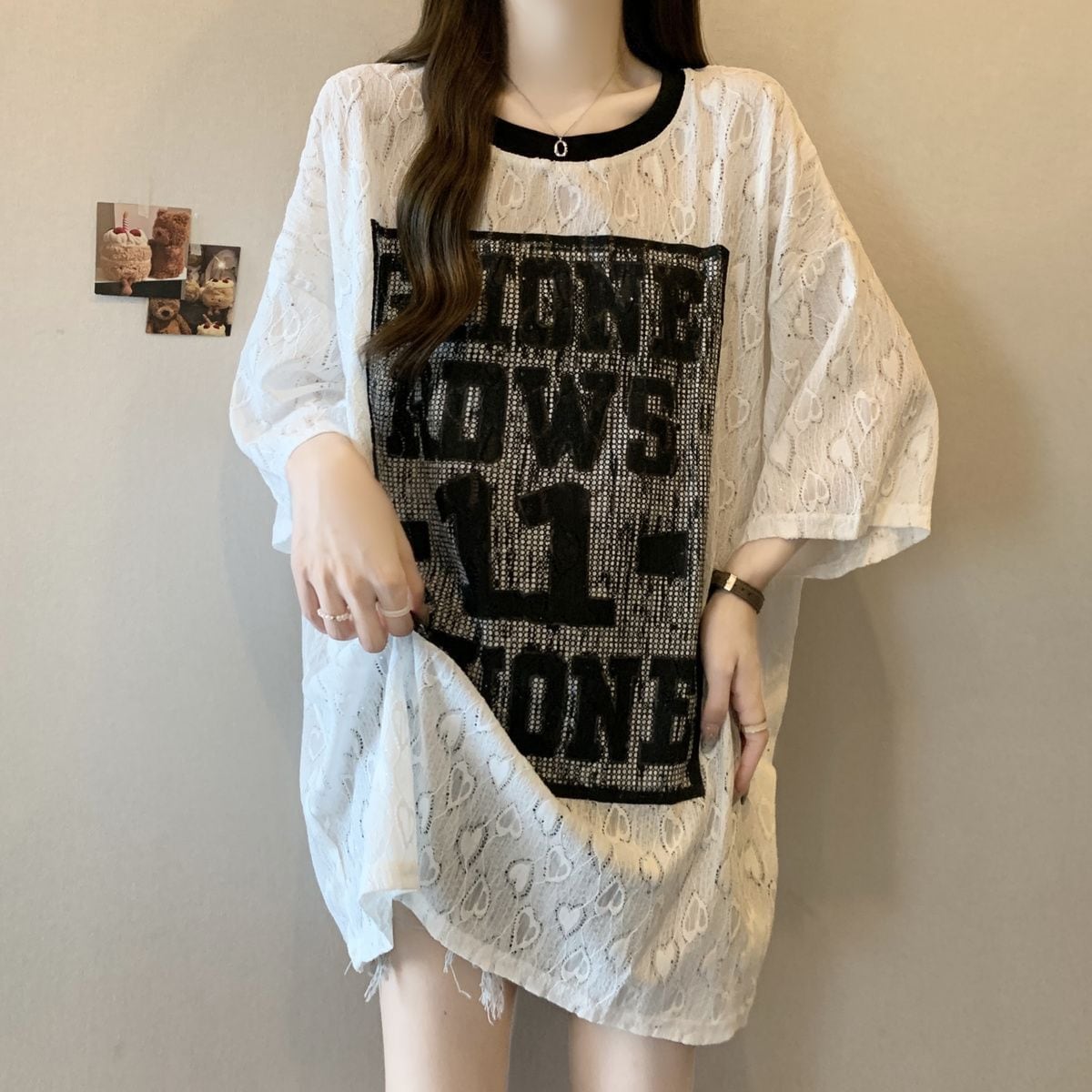 超人気 アバンギャルド 絶対流行 レース プリント全2色 半袖Tシャツ<S-8798>