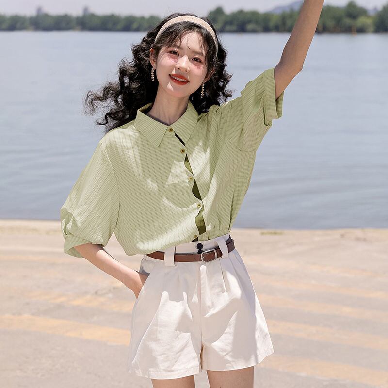 好感度UP 上質 美人度アップ 知的 ストライプ柄 3色選択 半袖シャツ＜S-9047＞