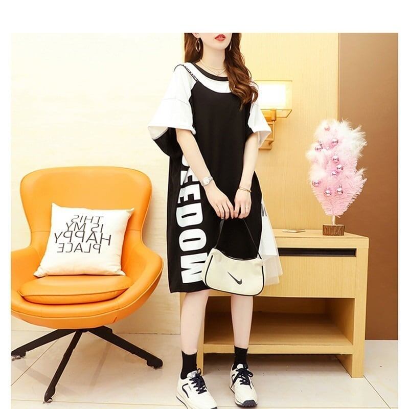 好感度UP レイヤード風 切り替え プリント Tシャツ ゆったりワンピース＜S-8105＞