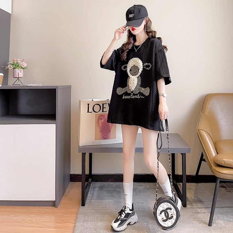 高級立体ハンドビーズコットン半袖Tシャツ<S-2998>