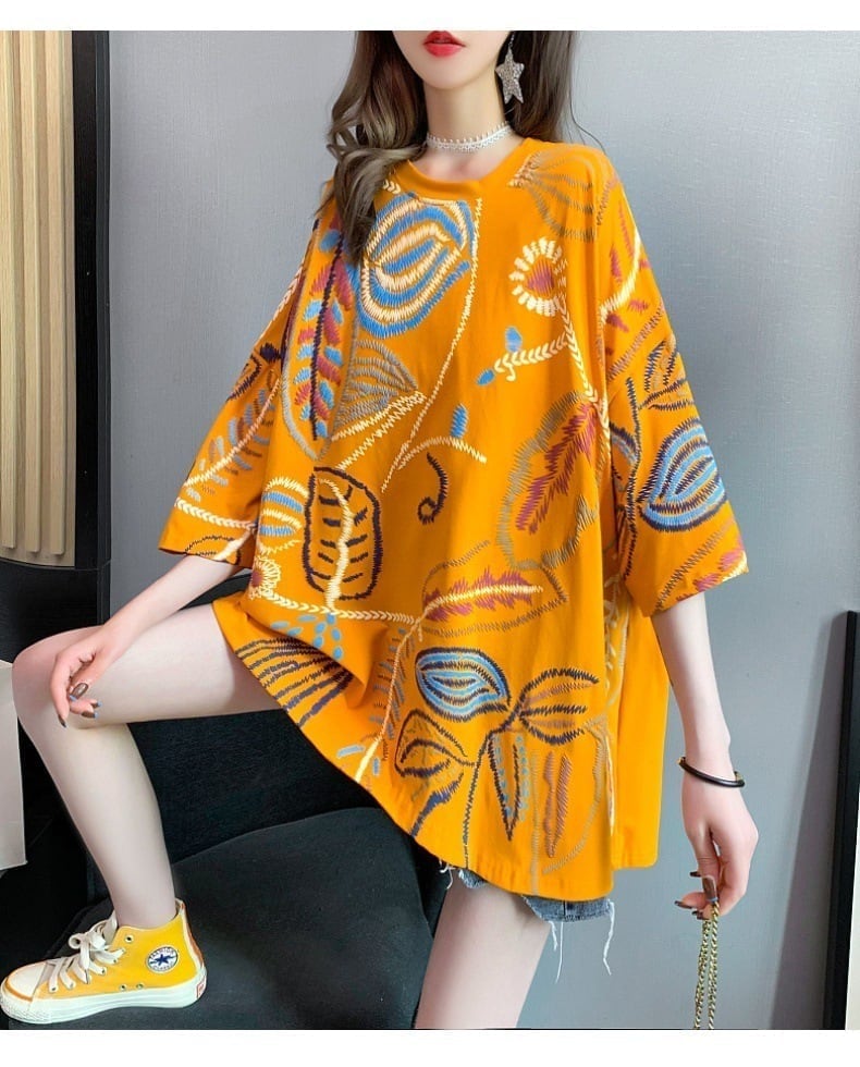 韓国系 ロング 刺繍 Tシャツ 三色 ゆったり半袖 ＜S-2847＞