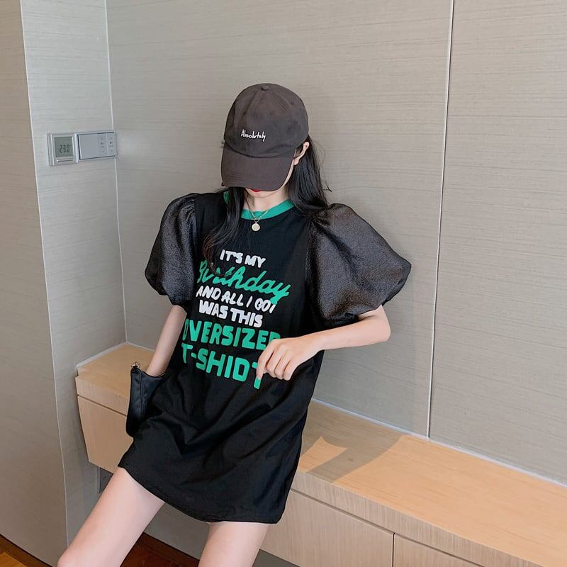 話題沸騰中 パフスリーブ ファッション プリント 全2色 半袖 Tシャツ <S-8662>