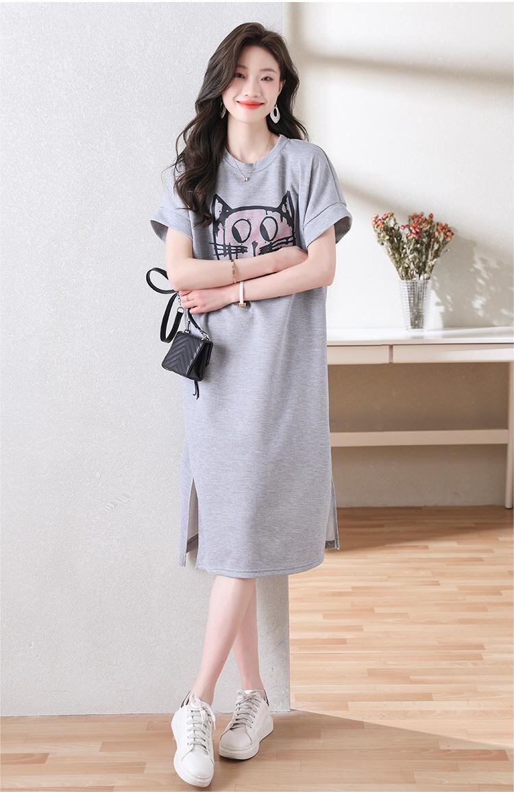 新しいカジュアルな猫プリント シャツ T ドレス<S-5037>