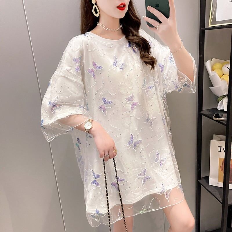 イントレンディなメッシュフェイクツーピースバタフライTシャツルーズトップ<S-2858>