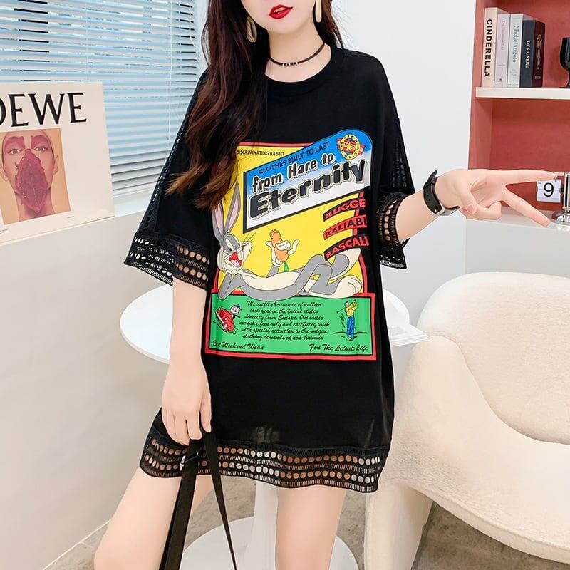 デザインセンス中空プリントTシャツルーズトップス<S-2877>