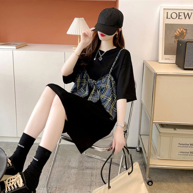 美人度アップ プリント 美腿効果抜群 Tシャツ カットソー ワンピース＜S-3357＞